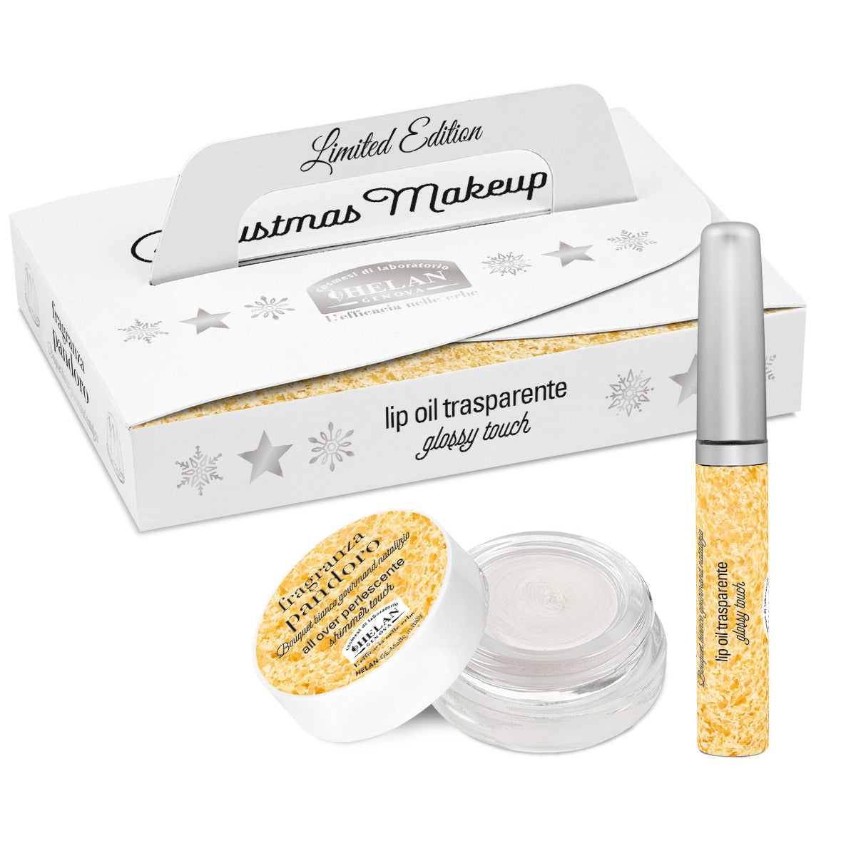 Fragranza Pandoro Christmas Make-up Helan, cofanetto con illuminante e lip oil