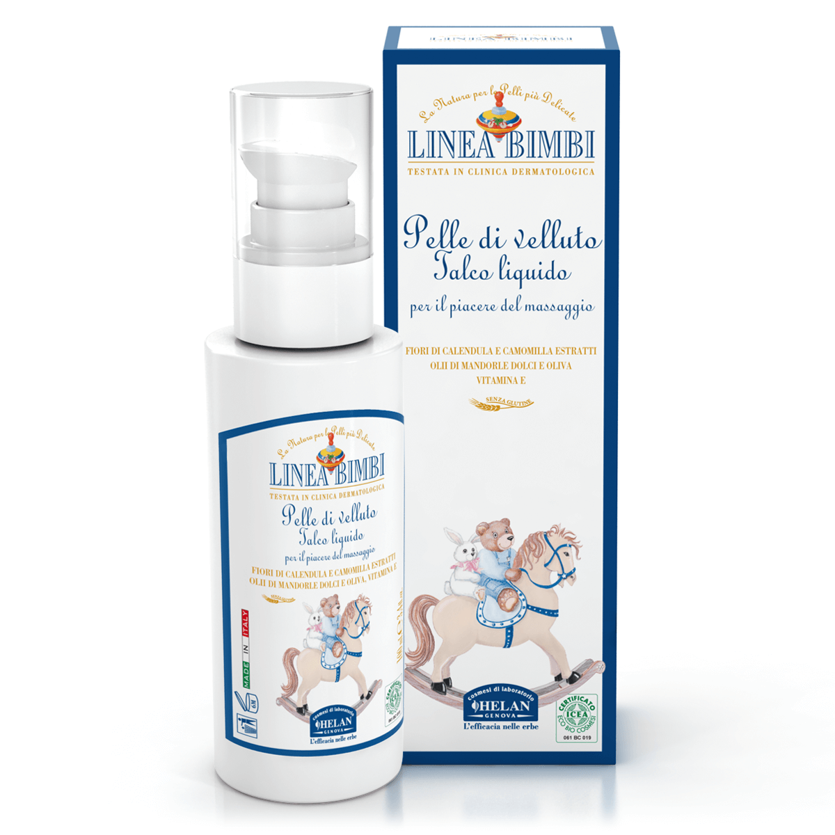 Pelle di Velluto Talco Liquido Linea Bimbi Helan, flacone da 100 ml