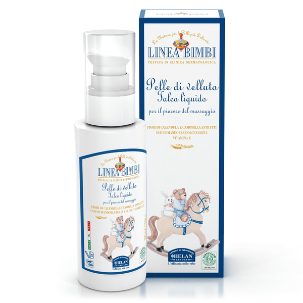 Pelle di Velluto Talco Liquido Linea Bimbi Helan, flacone da 100 ml