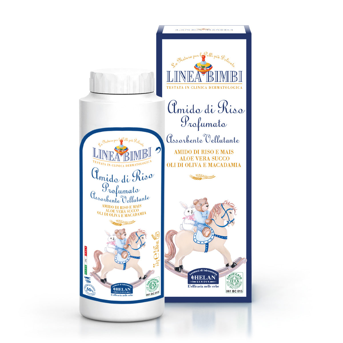 Amido di Riso Profumato Linea Bimbi Helan, flacone da 75 g