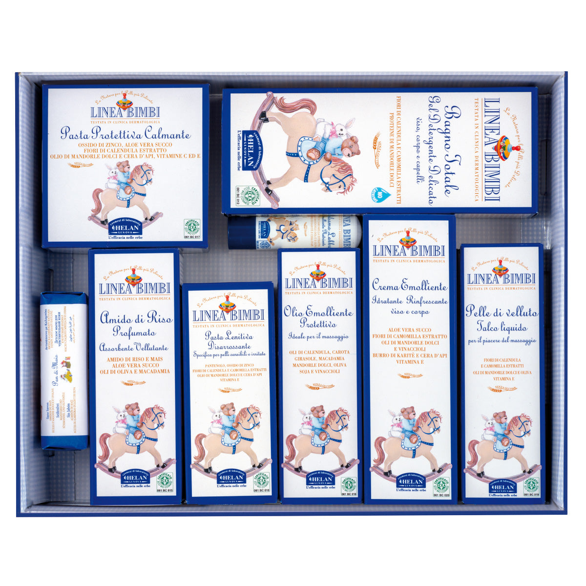 Prime Coccole Linea Bimbi Helan, i nove prodotti contenuti nella confezione